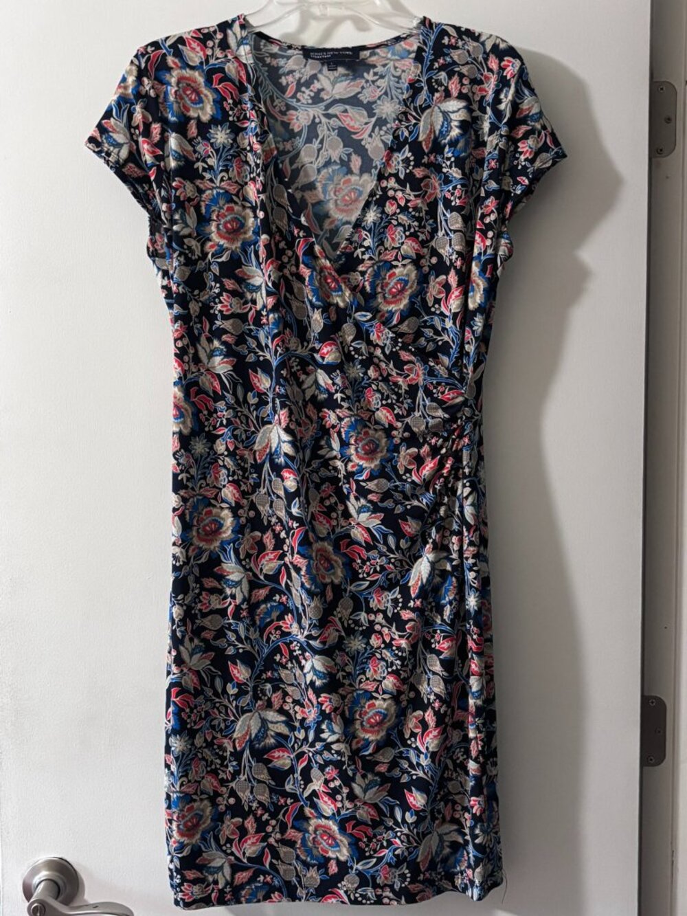Jones New York Signature Navy Floral Paisley Ruched Faux Wrap Dress L